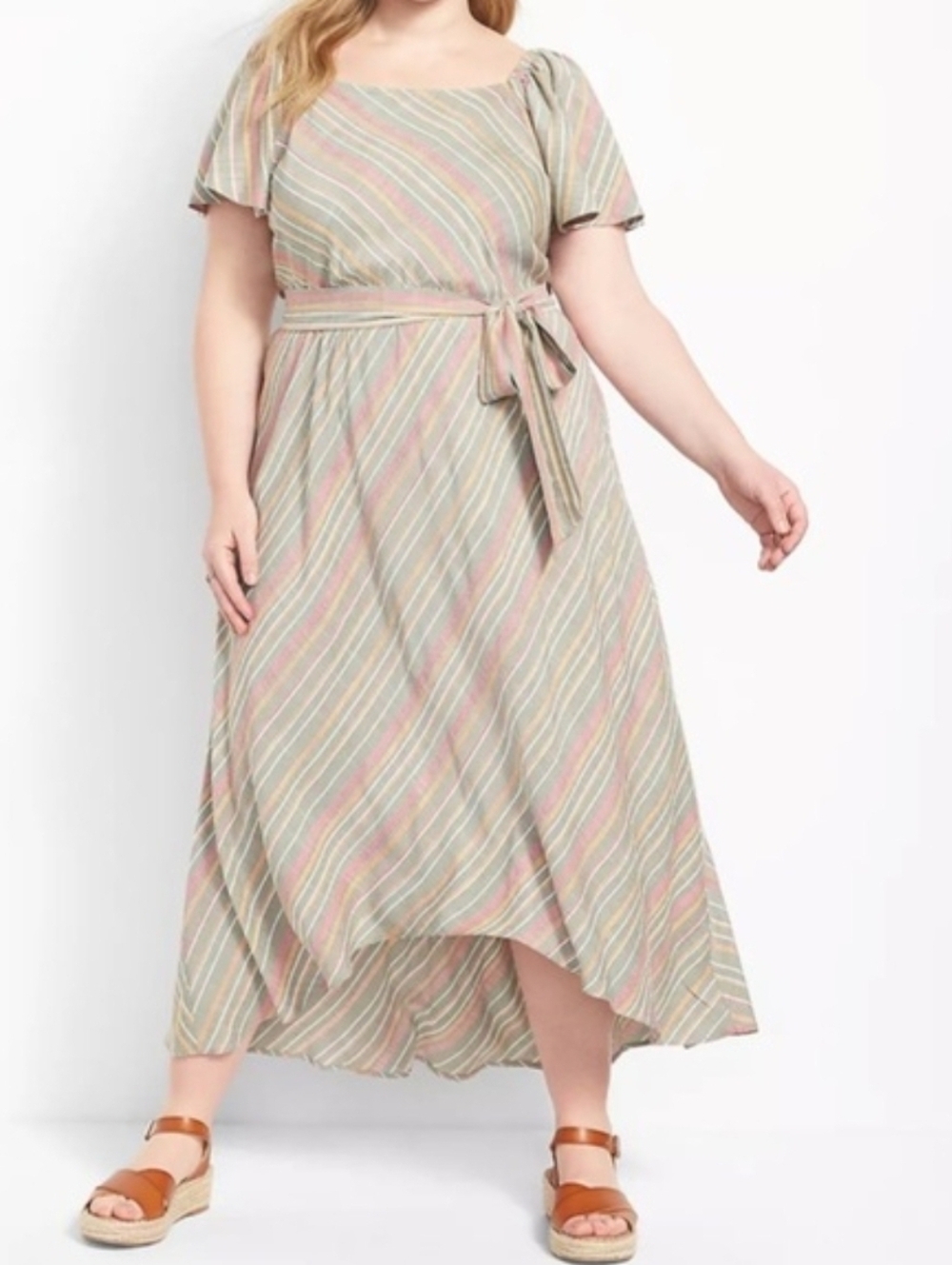 NWT Lane Bryant Women's Gray Striped Rayon Short Sleeve Belted Maxi Dress Sz 20